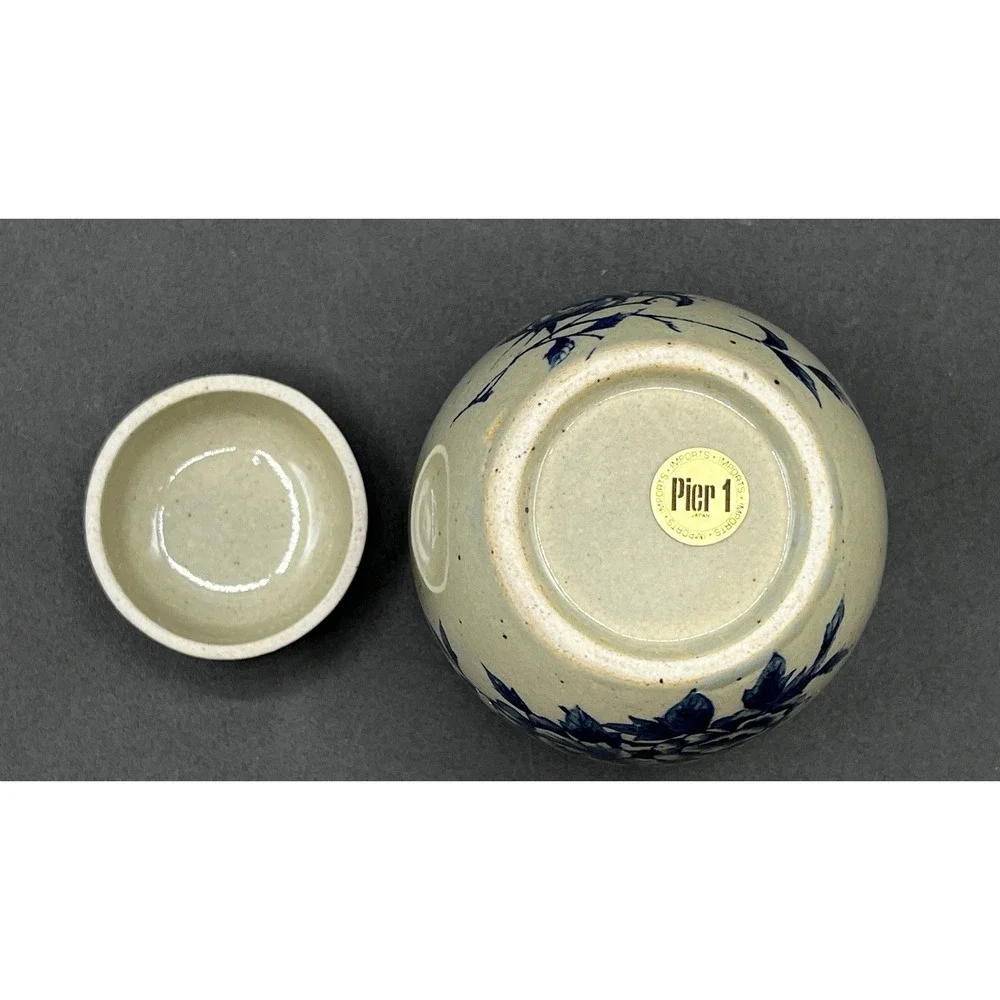 Vtg Pier 1 Imports Blue Gray Floral Ginger Jar Speckled Lidded Vase Chinoiserie
